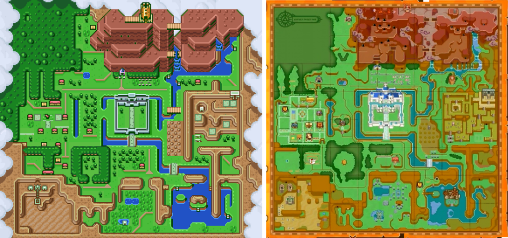 Comparação dos mapas de Hyrule entre A Link to the Past e A Link Between Worlds