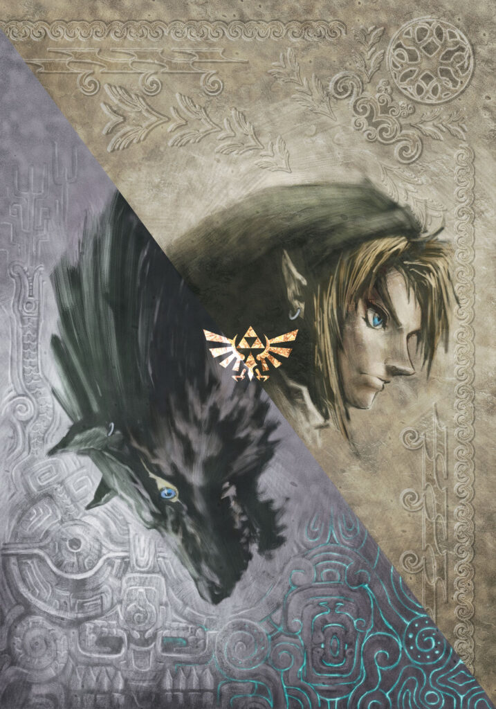 Artwork oficial do jogo Twilight Princess com imagem de link e link lobo de perfil e o símbolo da triforce ao centro