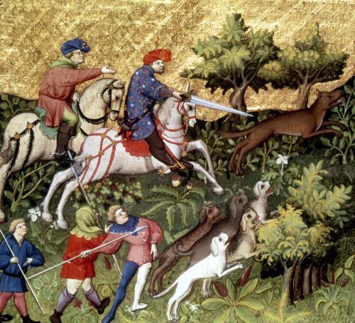 Tapeçaria com cena medieval de caçada aos lobos