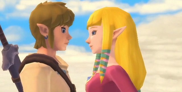 Link e Zelda se fitando, em "Skyward Sword"