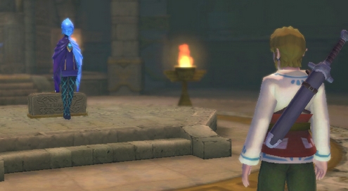 Link e Fi sob a estátua da Deusa Hylia